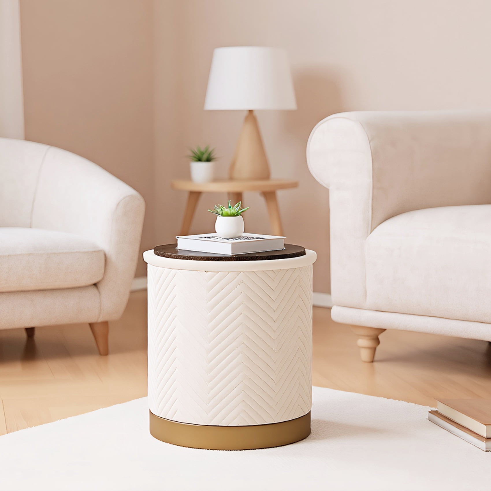 PINPLUS 15" Round Storage Ottoman with Tray Gold Edge Stool Leg Foot Rest for Living Room White,Velvet Fabric