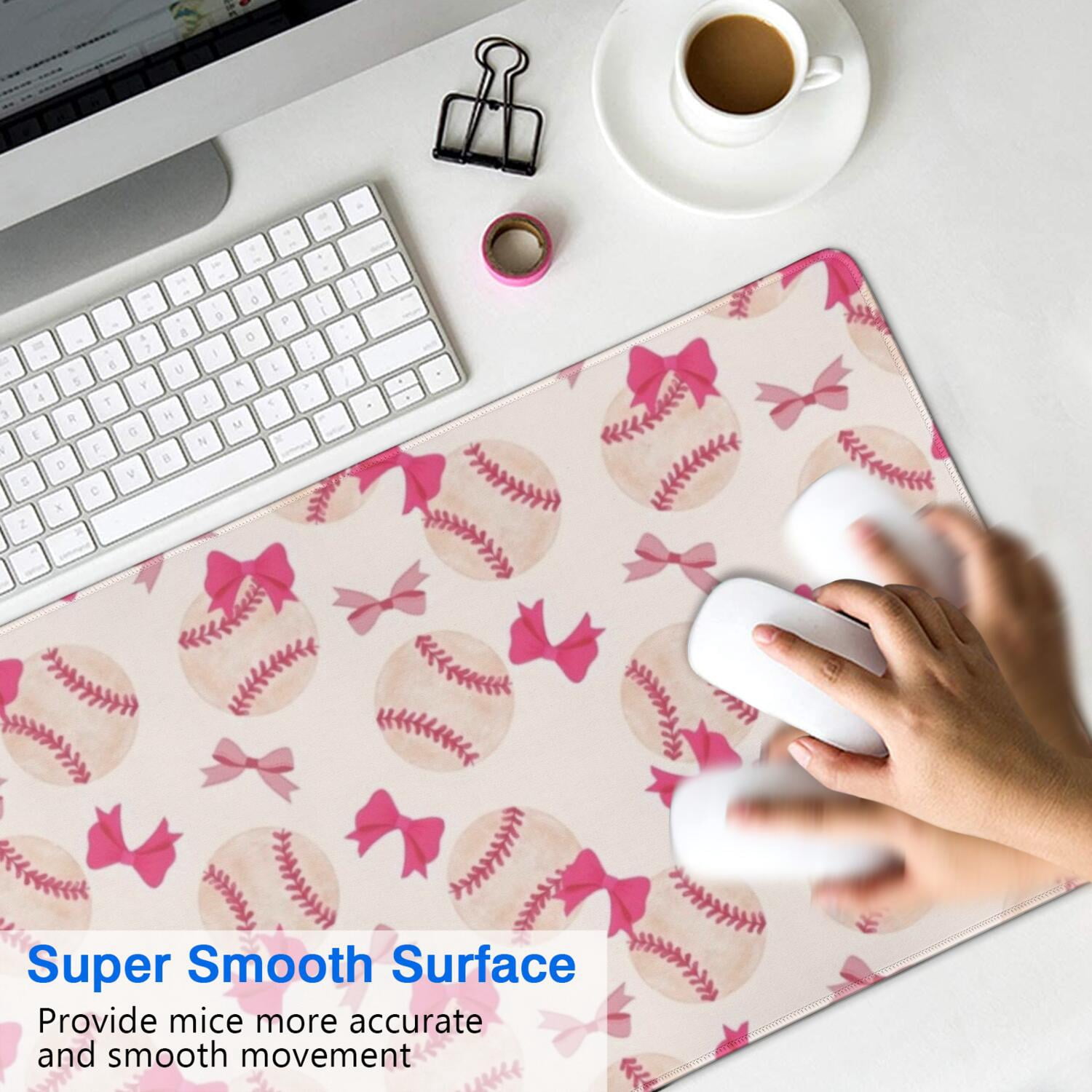 Long Mouse Pads for Desk,Pink Bows and Baseballs Pattern Desk Mats on Top Of Desks, Desk Mouse Pad Extra Large with 3mm Non-Slip Base and Stitched Edge for Gaming,Office,Work,Home 31.5"x11.8"