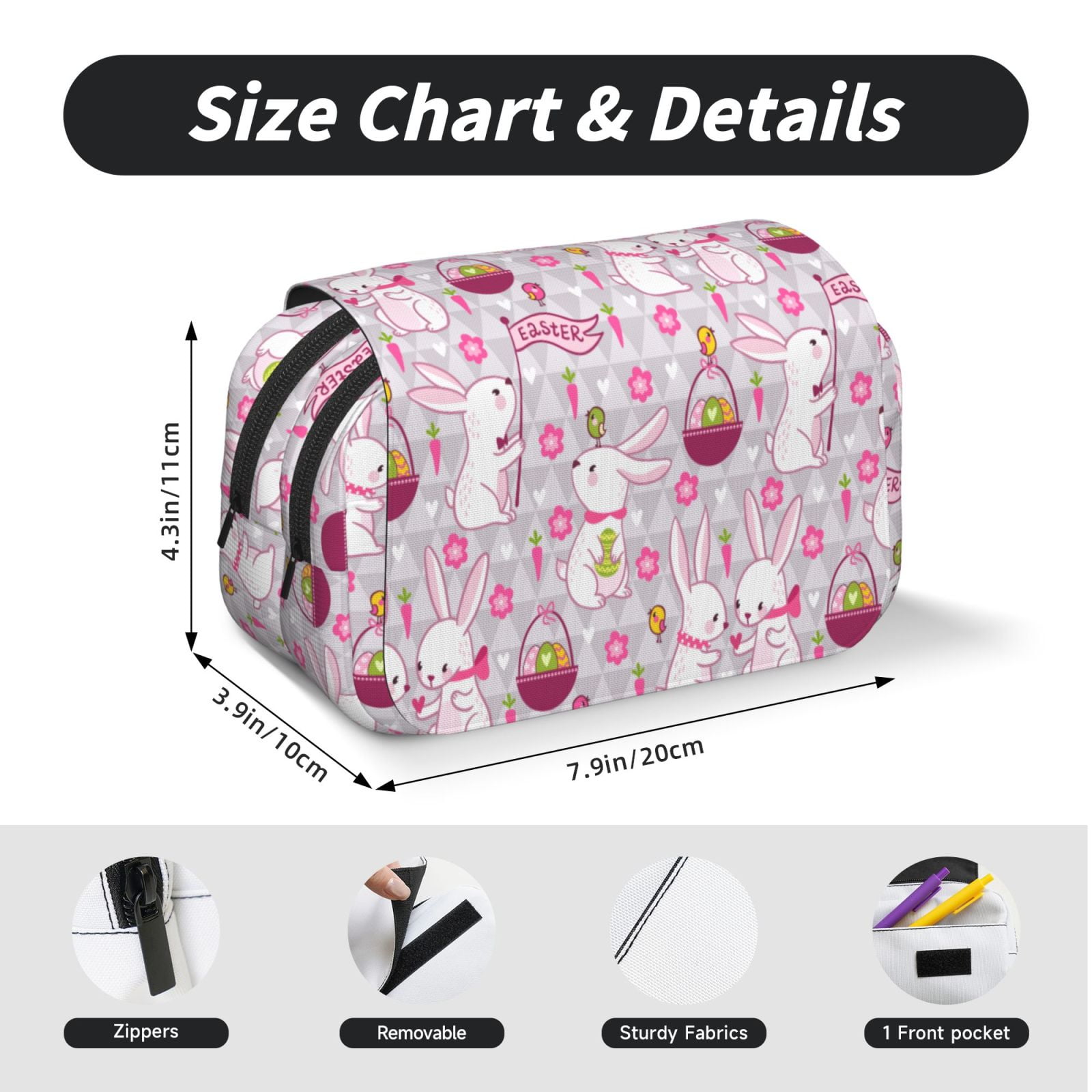 Rateoe Easter Rabbit Pattern Double Clamshell Pen Case, Storage Organizer with Two Zipper Compartments– Holds Up to 50 Pencils & Pens
