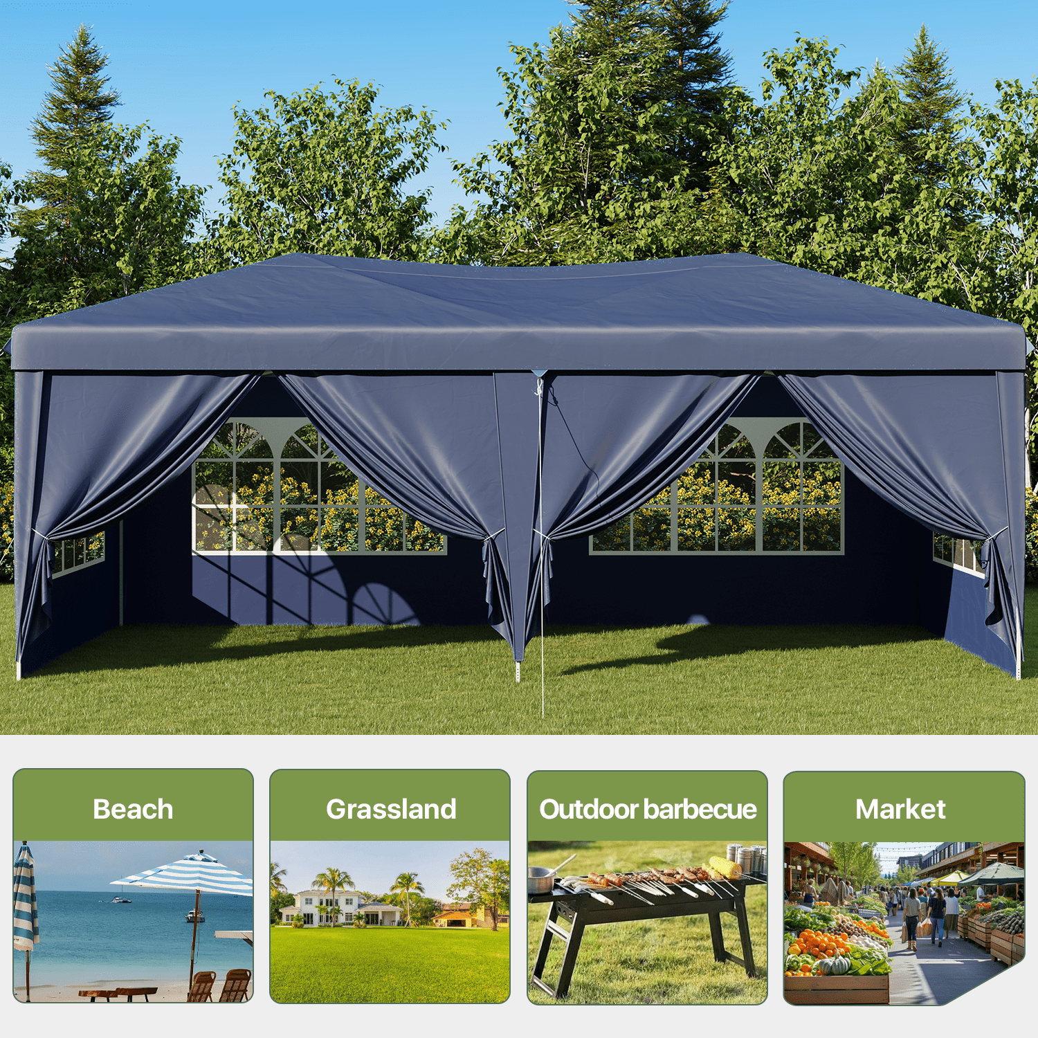 BaPiPro 10'x20' Pop up Canopy Tent, Folding Outdoor Party Wedding Event Tent with 6 Removable Sidewalls, 4 Windows, Portable Instant Shelter Canopy Gazebo, Blue