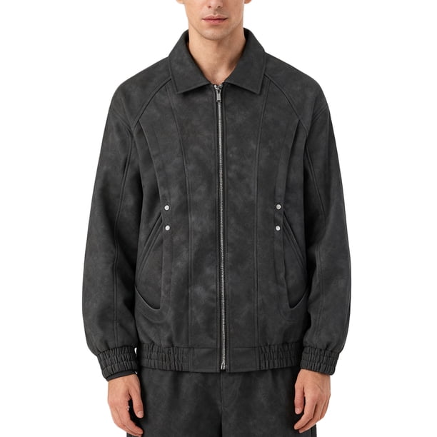 Ceisia Men's fashion casual solid color faux leather lapel zipper Gift coat pocket long sleeve outerwear