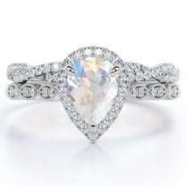 JeenMata Art Deco Filigree Milgrain - 1.5 Carat Pear Shaped Rainbow Moonstone and Moissanite - Halo Pave Crossover Wedding Set - 18K White Gold Plating over Silver