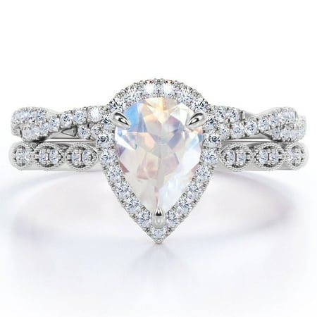 JeenMata Art Deco Filigree Milgrain - 1.5 Carat Pear Shaped Rainbow Moonstone and Moissanite - Halo Pave Crossover Wedding Set - 18K White Gold Plating over Silver