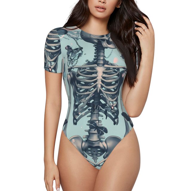 Balery Butterflies Skull Bows Body de cuello redondo de manga corta para mujer Tops de manga corta Tops básicos-Medium