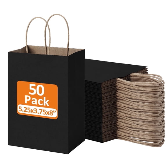 BagDream 50Pcs Black Paper Gift Bags, 5.25x3x8inch Small Paper Bags with Handles Bulk for Shopping, Wedding, Father's Day, Merchandise, and Business Party