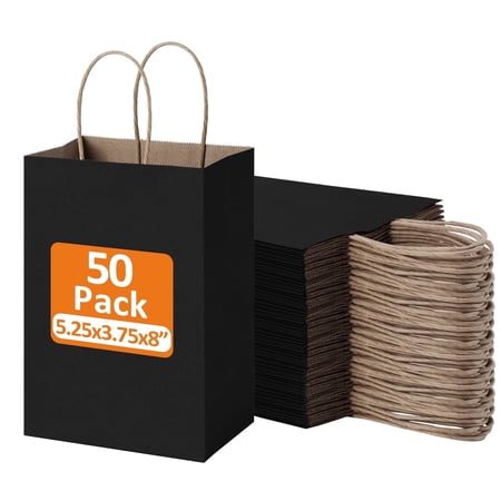 BagDream 50Pcs Black Paper Gift Bags, 5.25x3x8inch Small Paper Bags with Handles Bulk for Shopping, Wedding, Father's Day, Merchandise, and Business Party