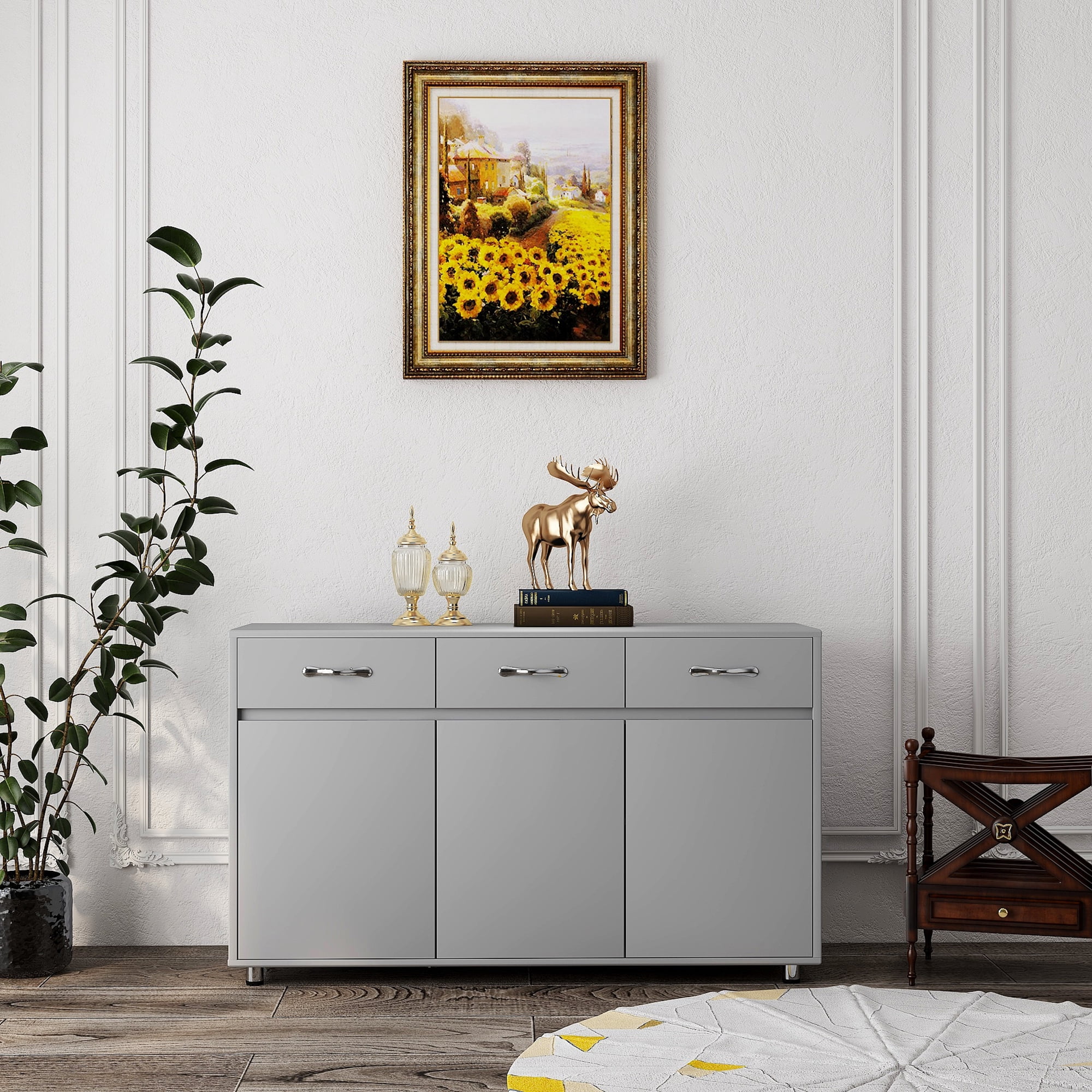 Mintazer Sideboard Buffet Cabinet with 3 Drawers & 3 Doors, Modern Storage Credenza with Adjustable Shelves for Kitchen Dining Room Living Room, Grey