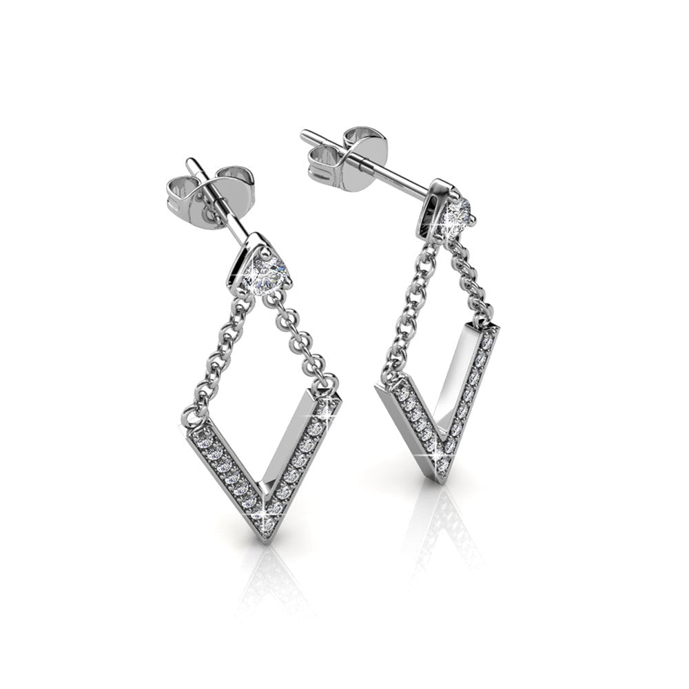 Cate & Chloe Francesca 18k White Gold Plated V Shape Drop Earrings with Swarovski Crystals for Women