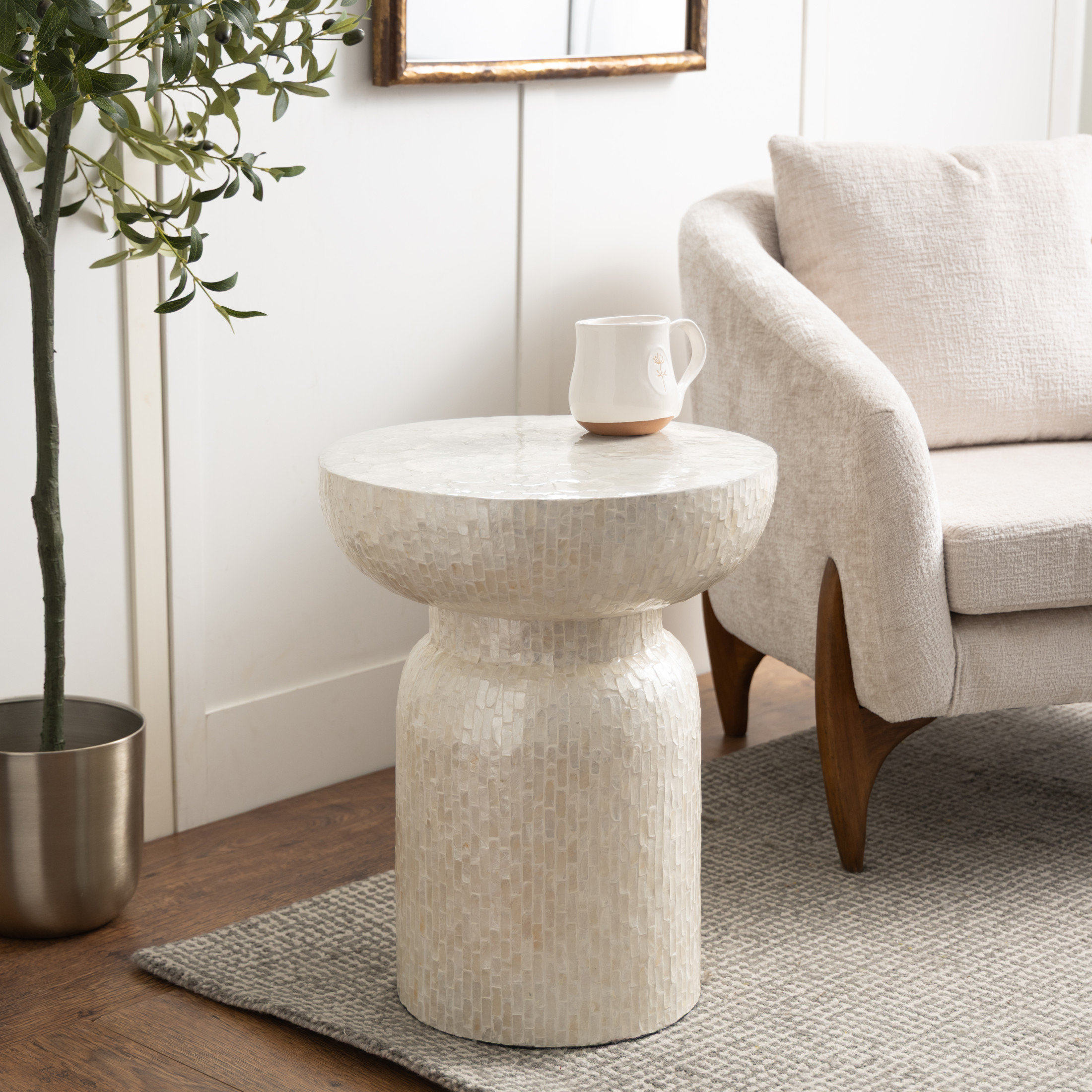 DecMode 18" x 22" Cream Capiz Shell Handmade Pedestal Mosaic Inlay Accent Table, 1-Piece