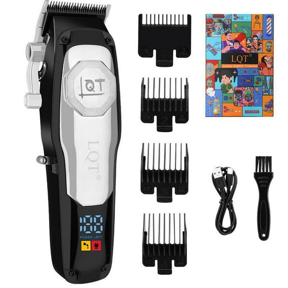 LQT Men's Hair Clipper, Professional Cordless Electric Hair Clipper Set with 4 Combs, Rechargeable Cordless Trimmer, Self-Cut Hair at Home silver