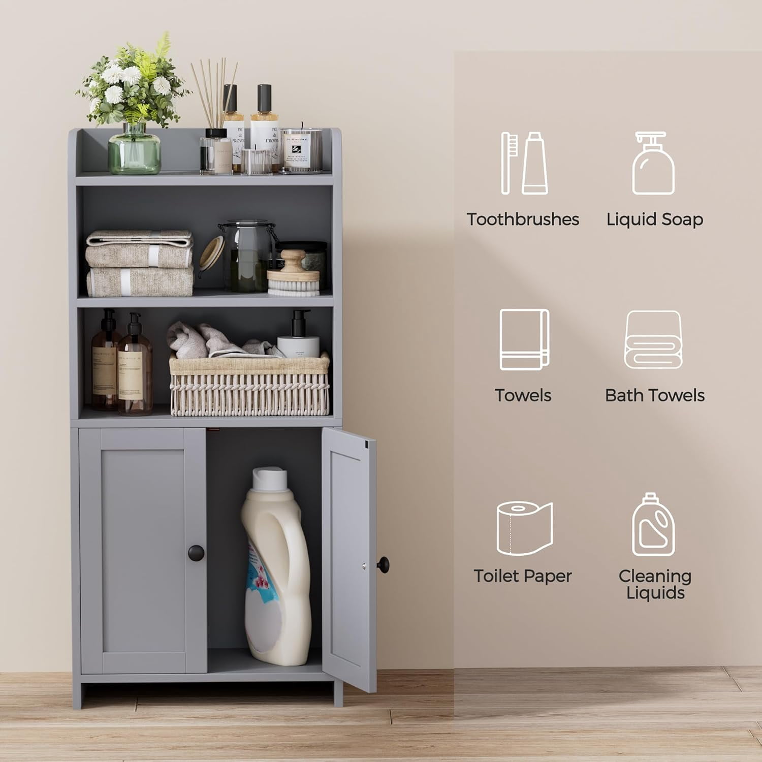 Small Bathroom Storage Cabinet, Freestanding Toilet Paper Storage with 2 Doors and Shelves, Bathroom Organizers and Storage for Small Spaces, laundry room, 7.9" D x 14.6" W x 31" H, Gray