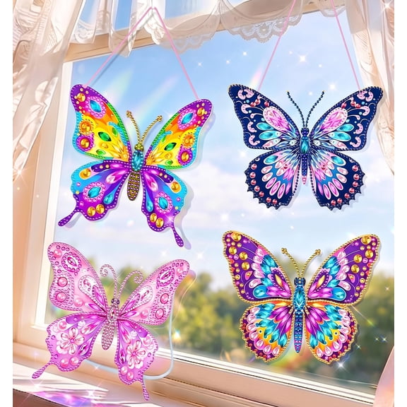 4PCS Window Art Suncatcher Kit, Diamond Art Kit Butterfly Sun Catcher | Hanging Decor DIY Craft Kit Gem Painting Kits Window Suncatcher Ornaments for Home Room Garden Decoration