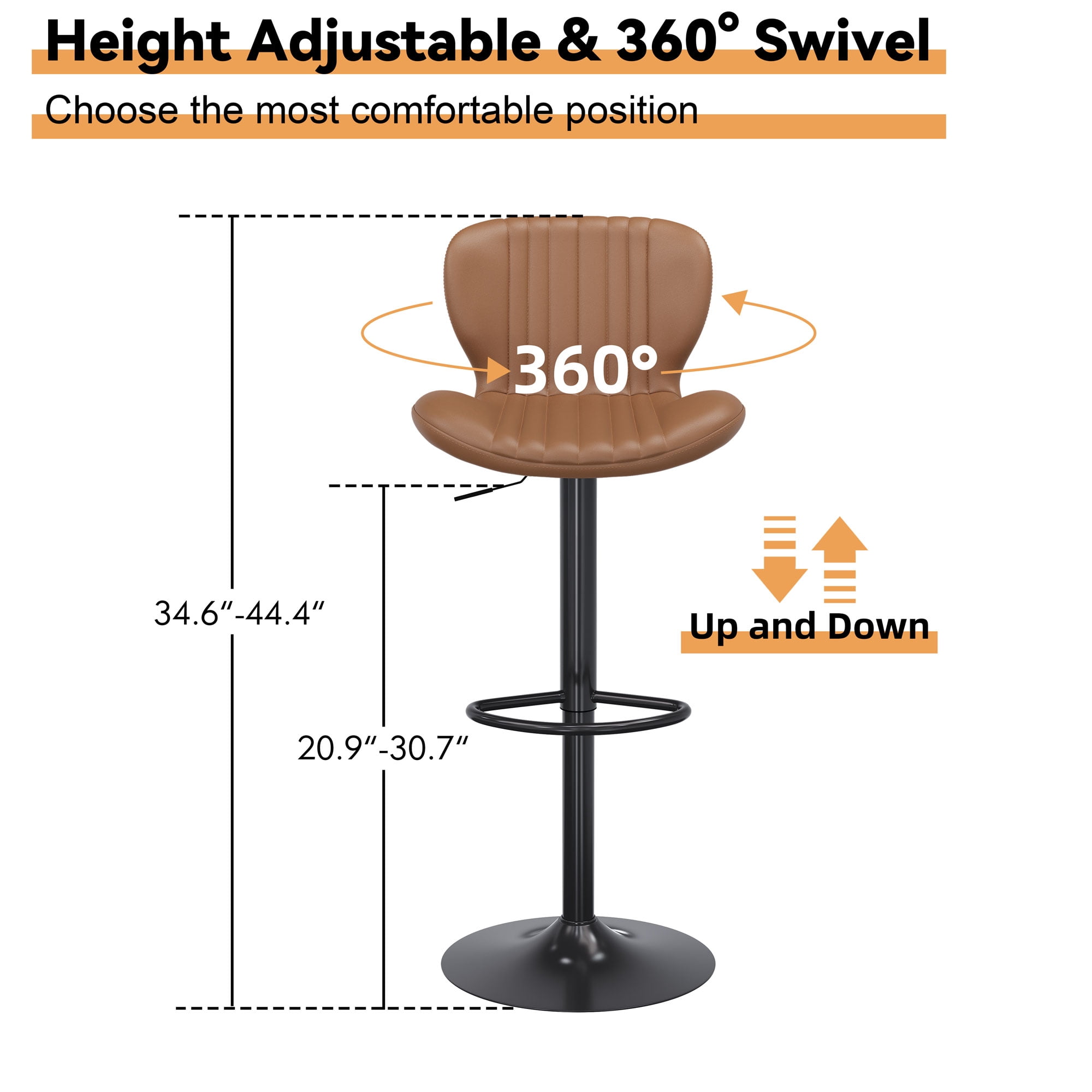 Walsunny Adjustable Bar Stools Set of 2 Leather Upholstered Swivel Counter Stools Counter Height Bar Stools with Large Base, Room Bar, Brown