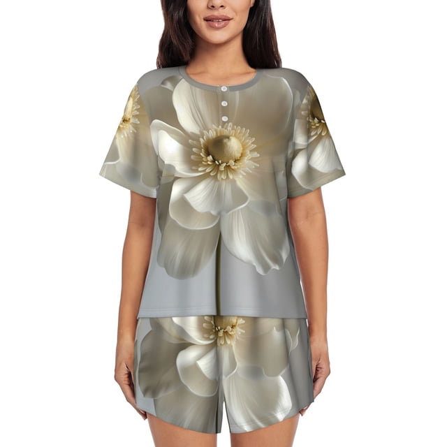 Balery Elegant Ivory Flower Conjunto de Pijama para Mujer con Estampado, Dos Piezas de Manga Corta y Shorts, Ropa de Dormir Suave con Cuello Redondo y Bolsillos-X-Large
