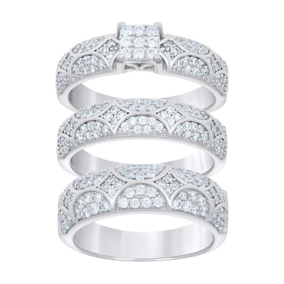 Sterling Silver Cubic-Zirconia Trio Bridal Anniversary Wedding Engagement Band Ring Set Size 6