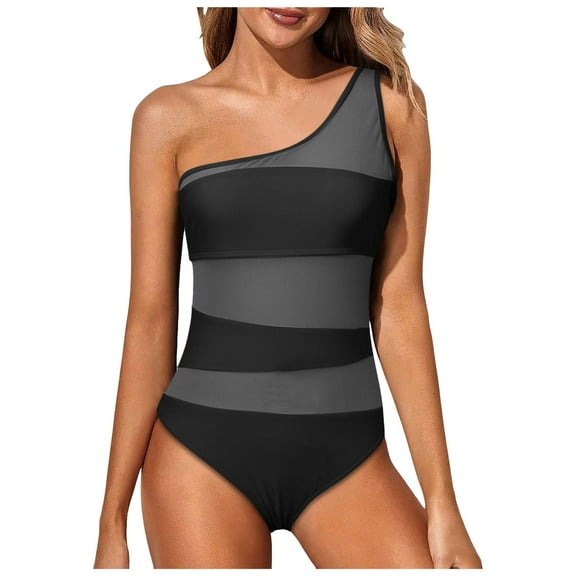 QHFBli Womens One Shoulder One Piece Bathing Suits Neon Color Block Swimsuits Mesh Swimwear
