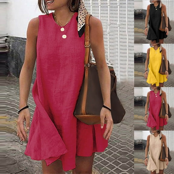 ZZwxWA 2025 Summer Cotton Linen Dresses for Women Trendy Cute Sleeveless Ruffled Hem V-Neck Mini Dress with Side Pockets