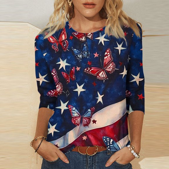 Cavosen Independence Day Shirts Women Patriotic 3/4 Sleeve Crewneck Tops USA Star Striped Print T Shirts Lady XL Independence Day Casual Shirts 4th of July Tunic Tees 2025 Patriotic Outfits
