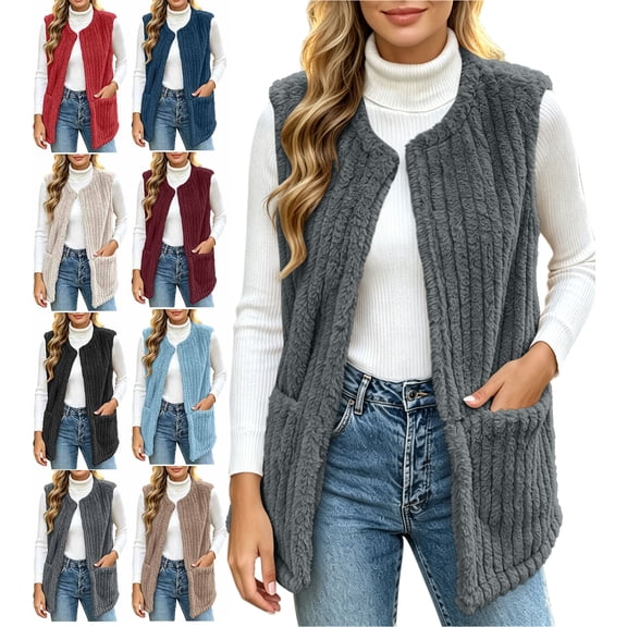 Women's Plus Size Vest Fleece Hoodless Sleeveless Warm Casual Vest with Pockets for Outdoor & Casual