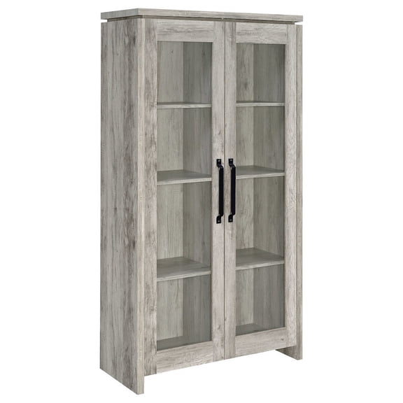 FurniFact Modern 2-Door Tall Cabinet, Grey Driftwood, Glass Doors, Storage