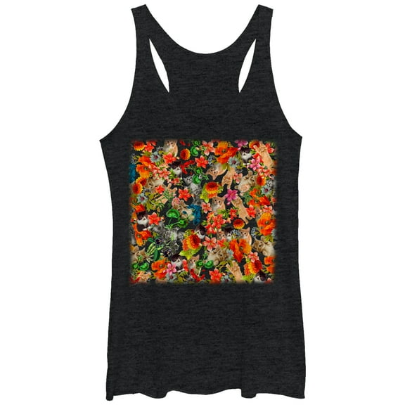 Women's Lost Gods Cats and Flowers  Racerback Tank Top Black Heather Large