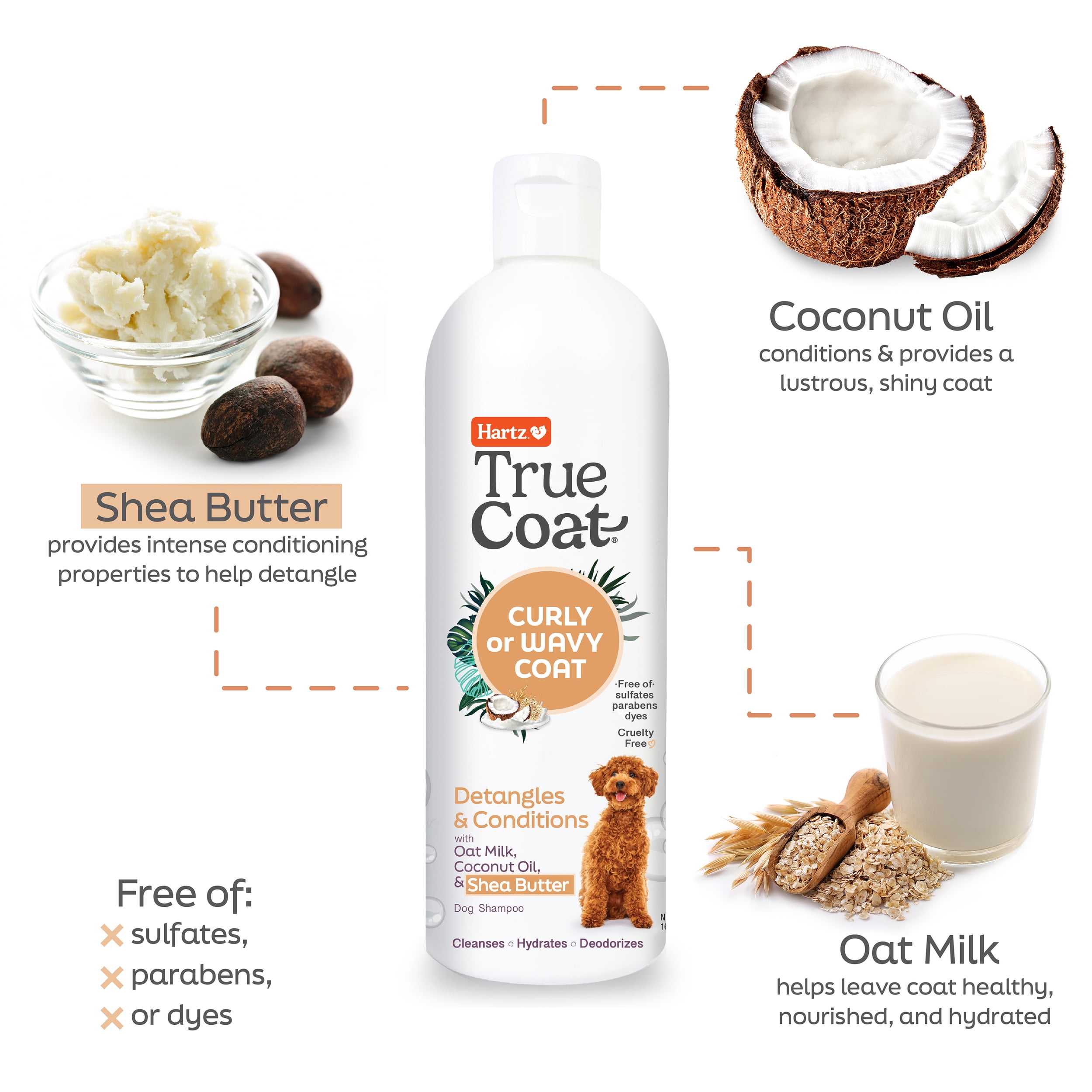Hartz True Coat Curly or Wavy Dog Shampoo, 5 in 1 Detangles & Conditions with Oat Milk, Coconut Oil & Shea Butter, 16 oz