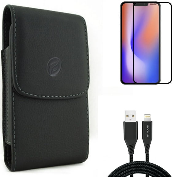 Case Belt Clip & Screen Protector & 10ft USB Cable for iPhone 13/Pro - Combo with Leather Holster Cover & Anti-Glare Tempered Glass Matte & Charger Cord Power Wire