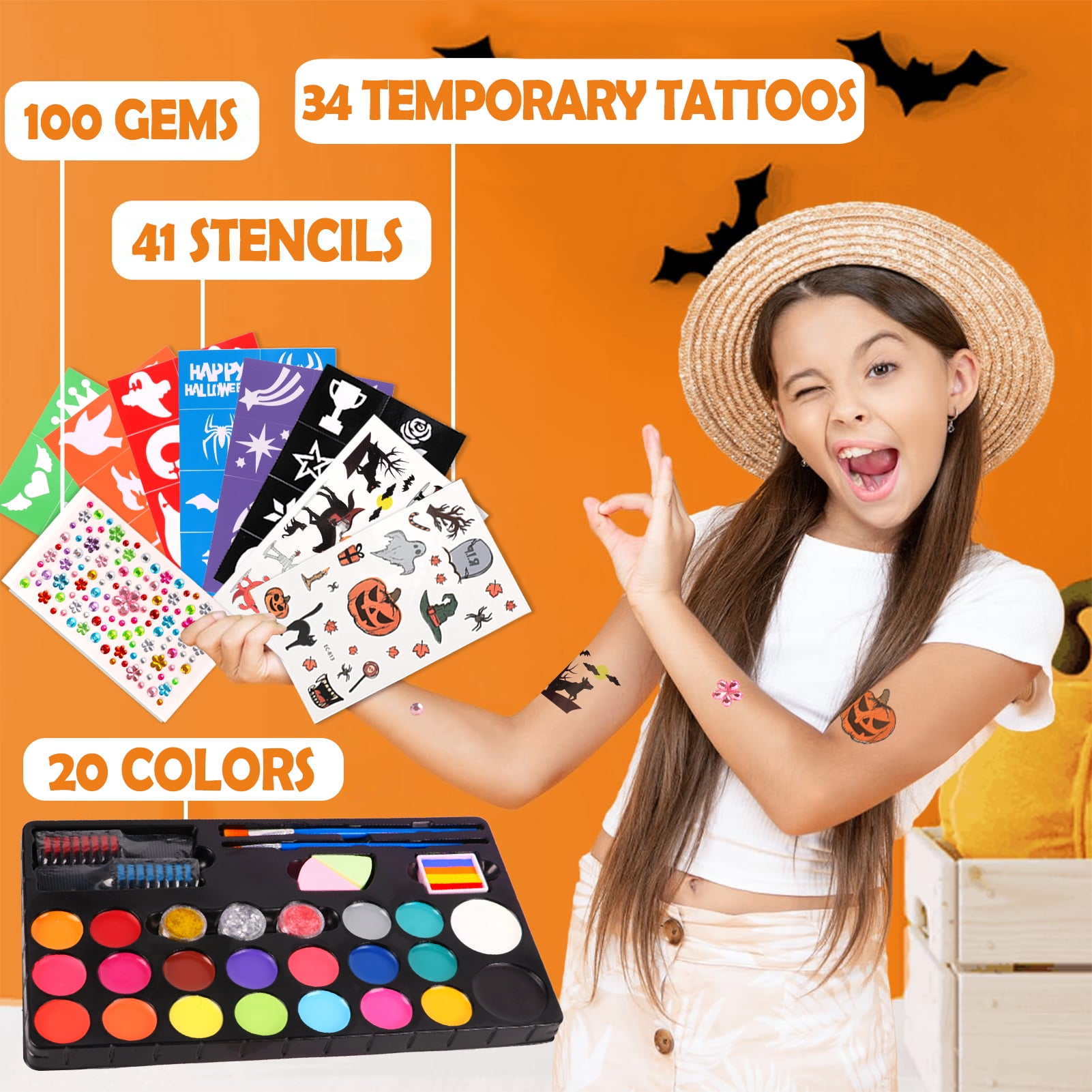 KiddiTouch Face Painting Kits for Kids, 20 Colors Water Based Face Paint Kit Includes Hair Chalks Comb, Brushes, Stencils