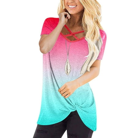 

Womens Gradient Color Scrub_Tops Short Sleeve V Neck T Shirts Tops Summer Sexy Criss Cross T-Shirts Casual Loose Tees
