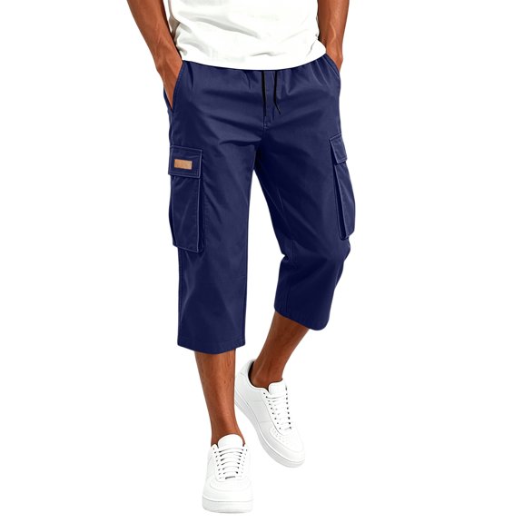 Domuza Men's Cargo Shorts 3/4 Relaxed Fit Below Knee Work Shorts Drawstring Elastic Waist Hiking Shorts with Pockets Navy XL