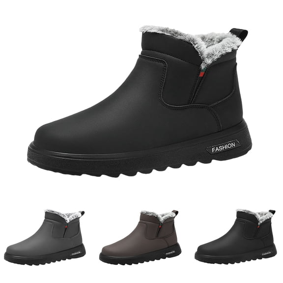 XIMIN Men's Waterproof Winter Snow Ankle Booties, Faux Fur Lined Insulated Outdoor Shoes, Anti Slip Lightweight Comfort Casual Hiking Walking Boots (Black, 9.5)