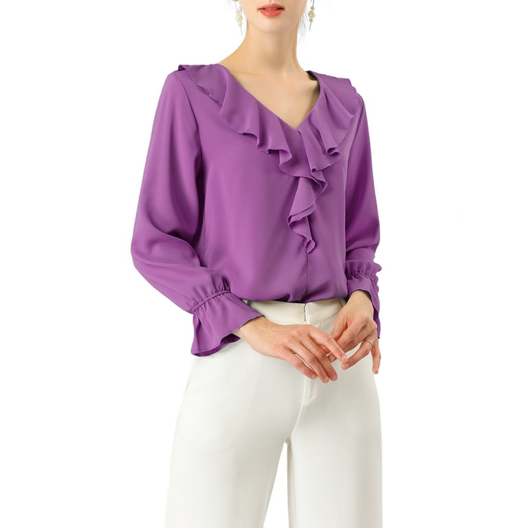 Unique Bargains Women s Ruffle V Neck Chiffon Work Office Peasant