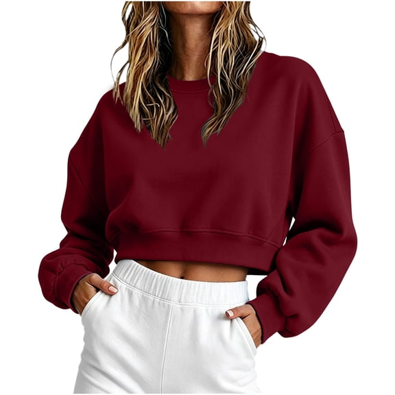 Hanen Women Oversized Boxy Cropped Sweatshirt, Cotton Fleece Crewneck Long Sleeve Lightweight Y2K Athleisure Loungewear Pullover Top