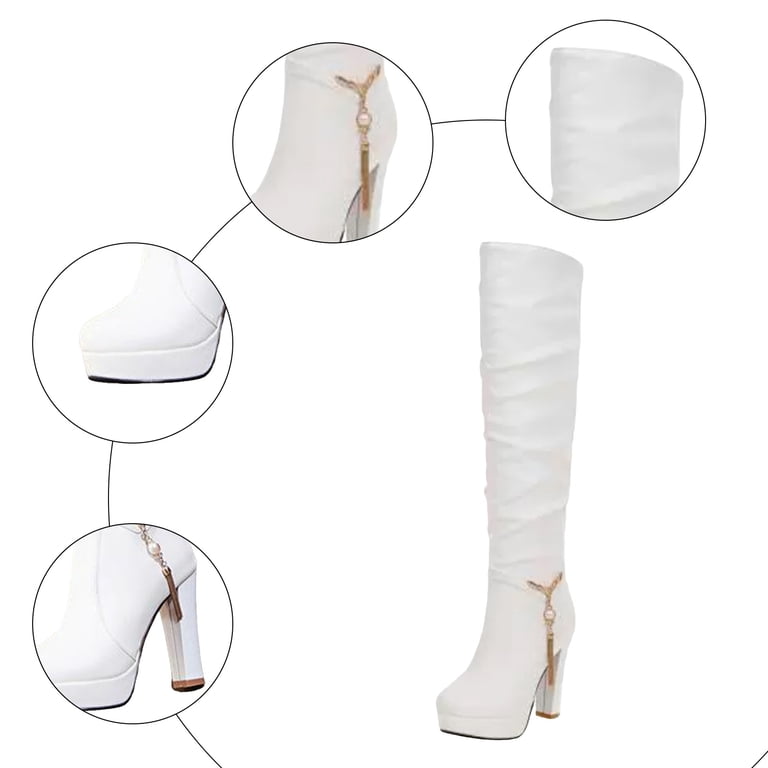 Rokment Women's Slouchy Platform High Heel Knee High Dress Boots Delicate Pearls Chain Leather Over-The-Knee Long Tall Boots Fall Winter Black Size 
