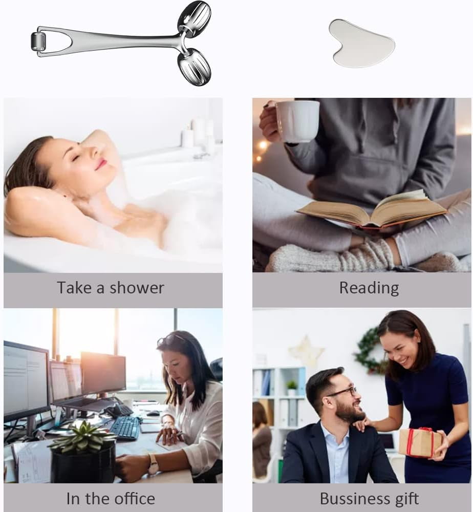 Face Massager, Metal Face Roller Gua Sha Massage Tool for Face Neck Eye Body Skin Care, Facial Roller for Women