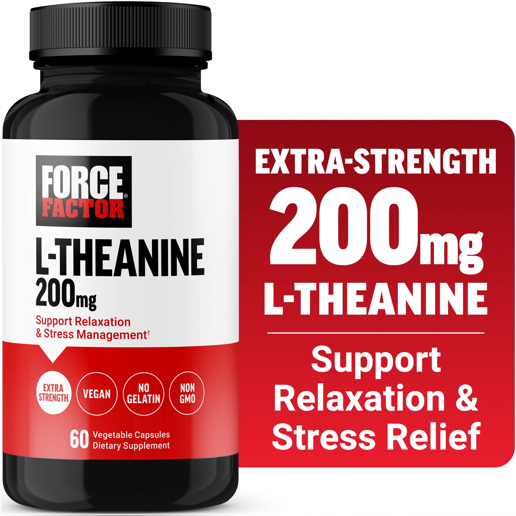 Force Factor L Theanine 200mg, L-Theanine Supplement for Stress Relief, Calm & Relaxation, Extra Strength, Vegan, Non-GMO, 60 Capsules