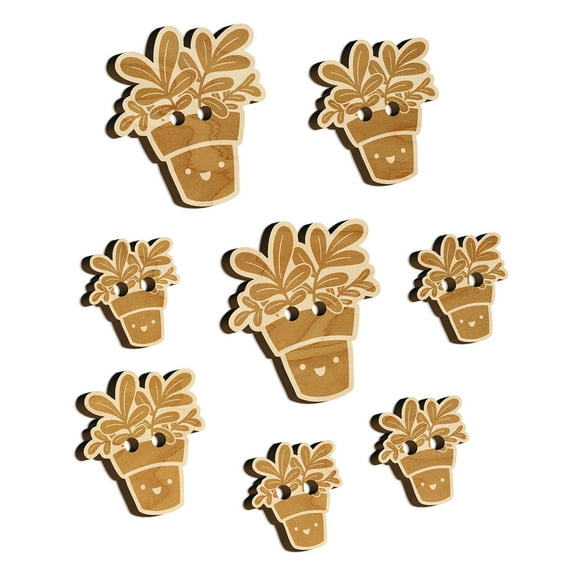 Happy Potted Plant Wood Buttons for Crochet Knitting Sewing DIY Craft - 1.25 Inch Large (5pcs)