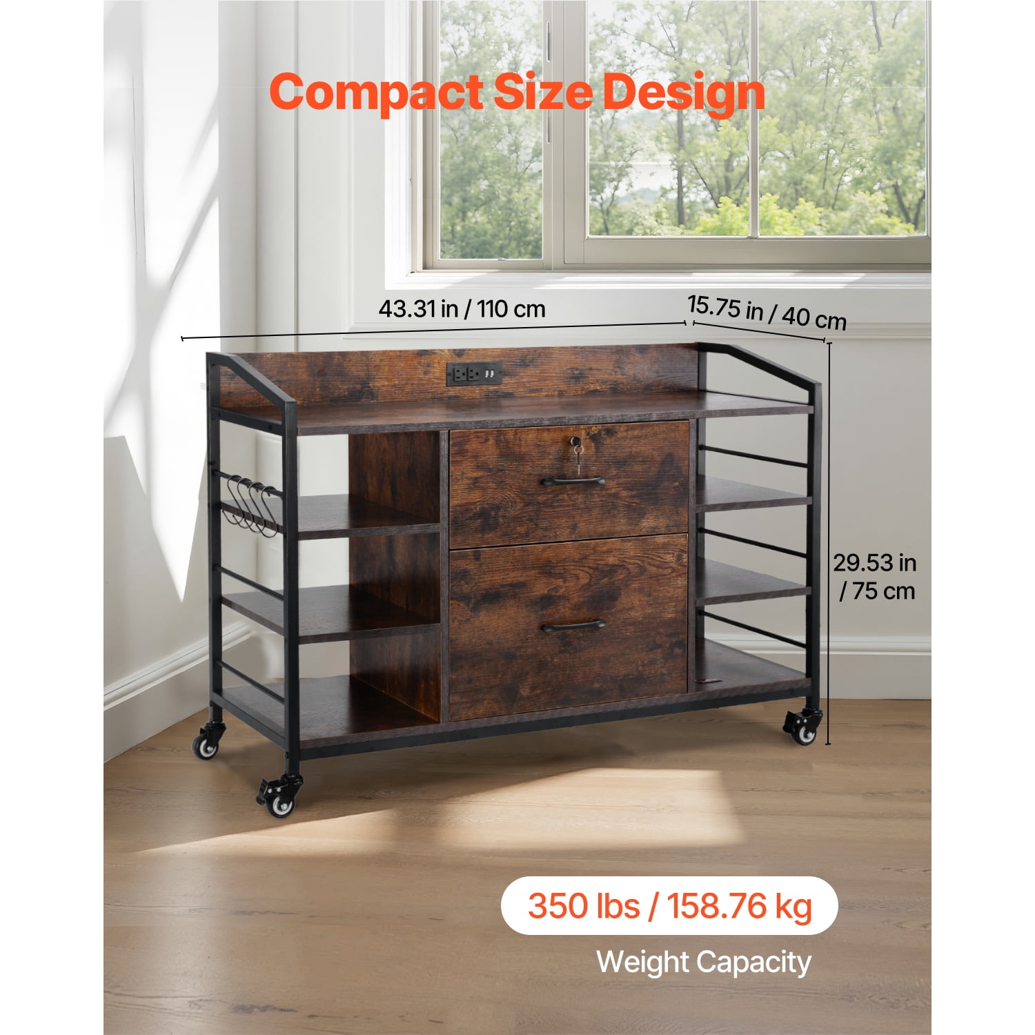 KFFKFF 2-Drawer Metal File Cabinet with Lock, Lateral Filing Cabinet Featuring 6 Open Shelves, Wooden Storage Unit with Power Strip for Letter, A4, and Legal Size Files, Easy to Assemble, Brown
