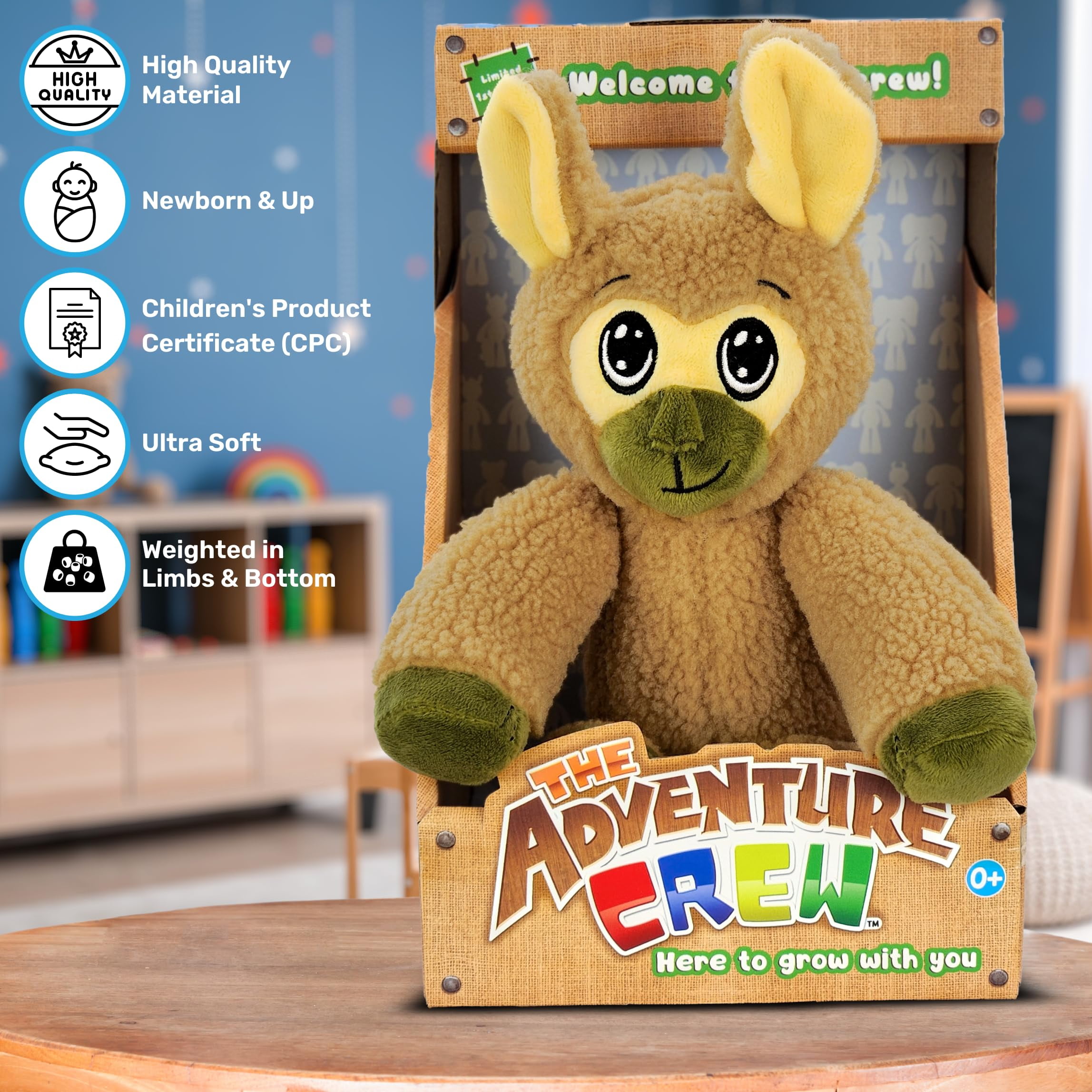 The Adventure Crew Jake the Llama Plush Comfort / Activity Toy for Newborn and Up | Ultra-Soft, 11.5" Compact Size with Weighted Limbs | Interactive Companion for Early Learning