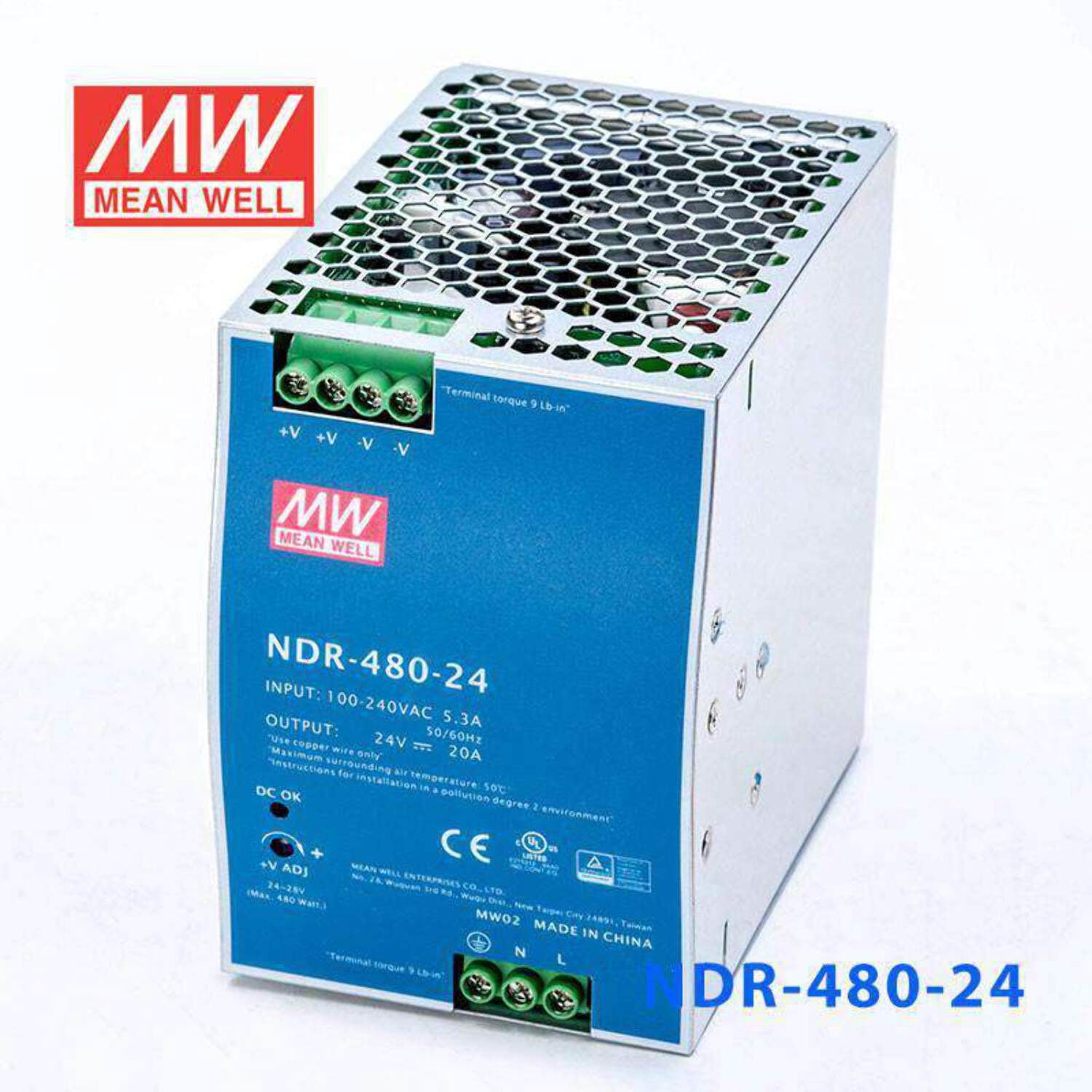 Mean Well NDR-480-24 Single Output Industrial Power Supply 480W 24V - DIN Rail