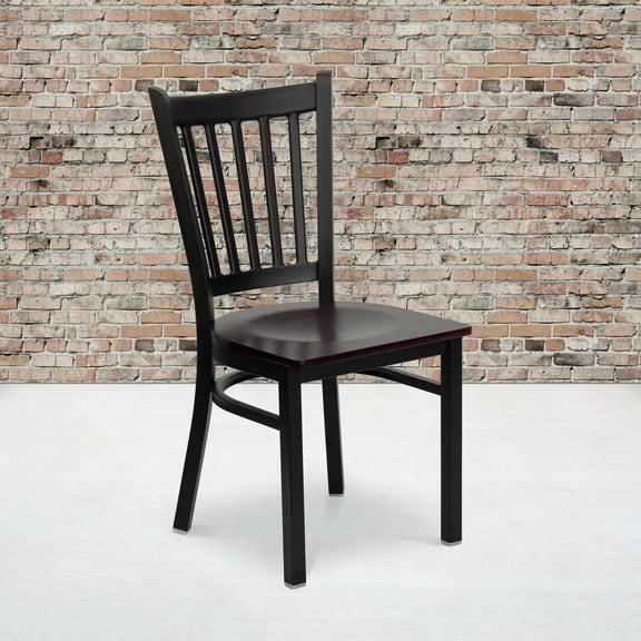 BizChair 2 Pk. Black Vertical Back Metal Restaurant Chair - Mahogany Wood Seat
