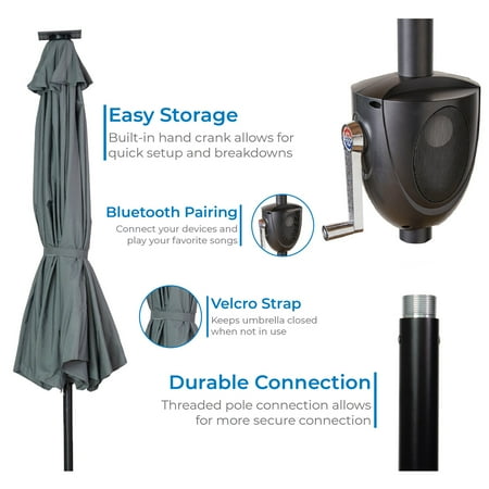 Sun Ray - 9' Round 8Rib Aluminum Bluetooth Solar Lighted Umbrella - Grey
