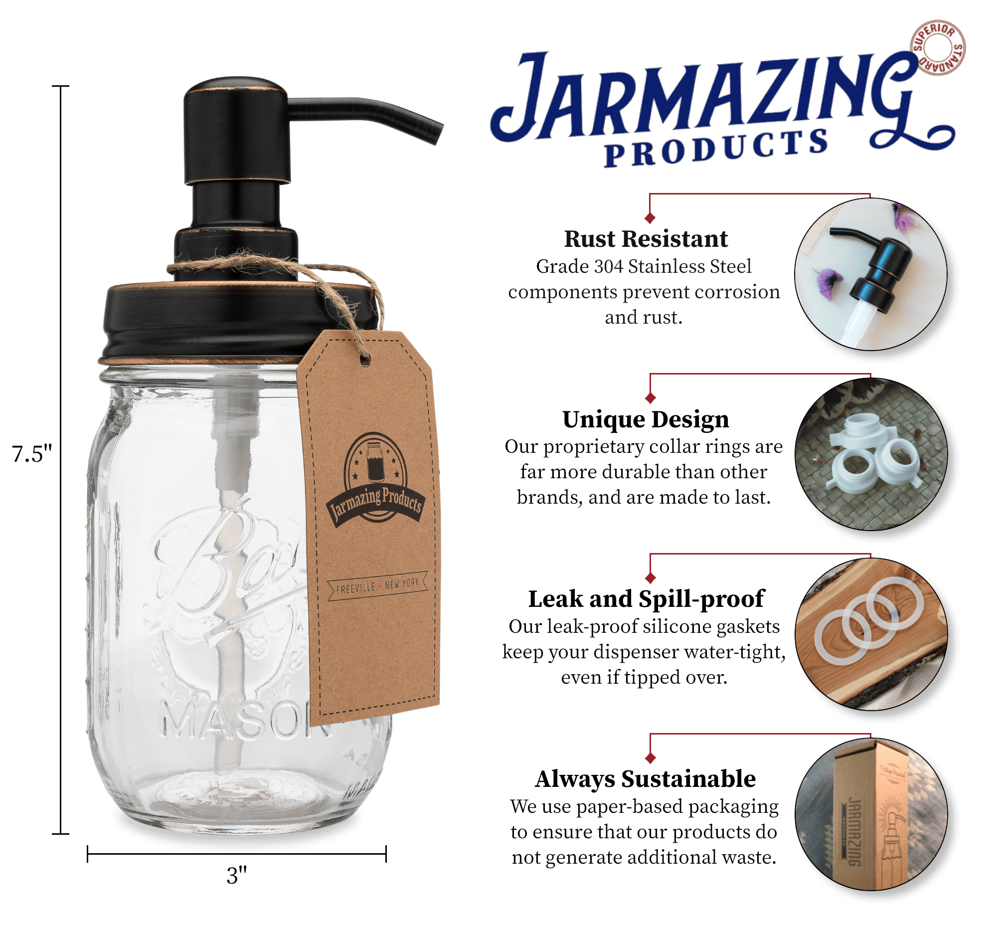 Jarmazing Products Classic Farmhouse Mason Jar Soap Dispenser - Oil-Rubbed Bronze - With 16 Ounce Ball Mason Jar