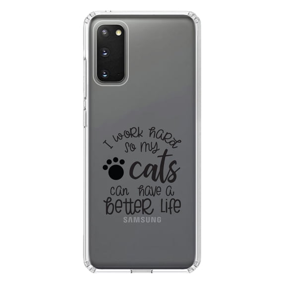 DistinctInk Clear Shockproof Hybrid Case for Galaxy S20 PLUS / 5G (6.7" Screen) - TPU Bumper Acrylic Back Tempered Glass Screen Protector - I Work Hard So My Cats Can Have a Better Life