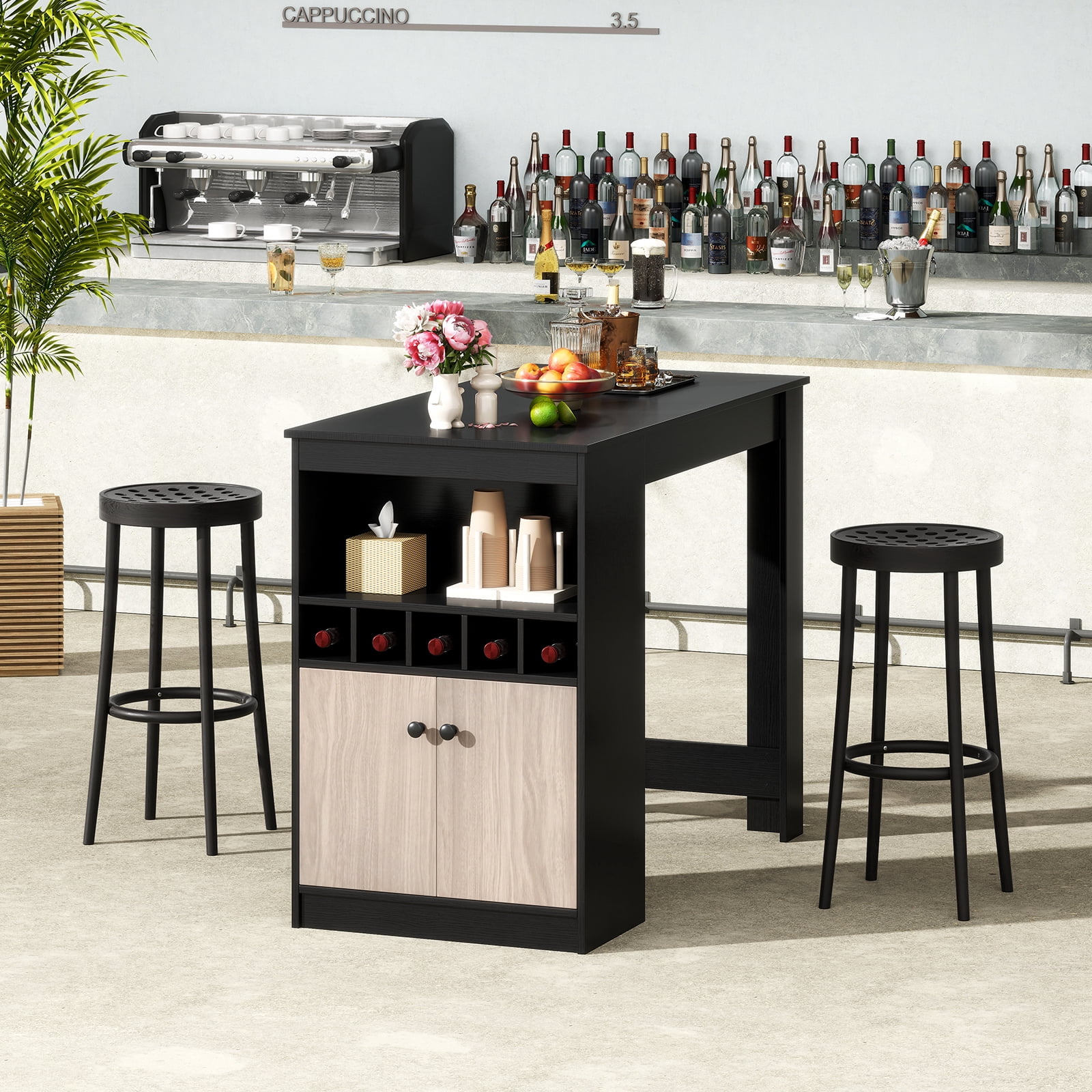 Gymax 48'' Bar Table w/ Storage Cabinet & Wine Rack Adjustable Shelf Wine Rack