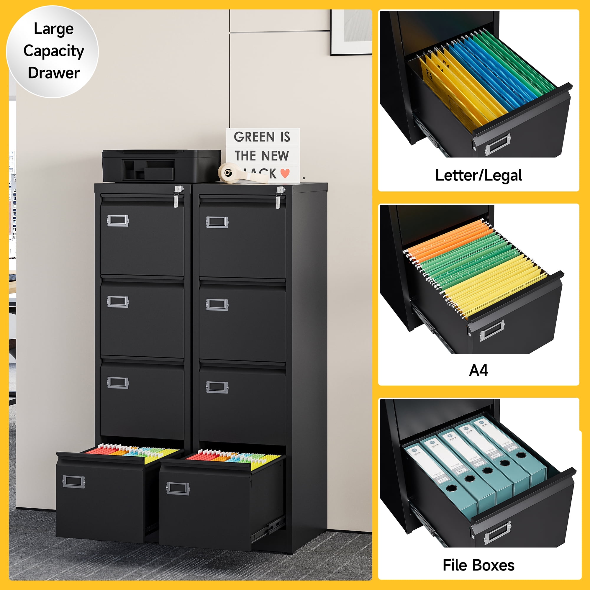 AUHUP 4 Drawer Metal File Cabinet with Lock, Black Vertical Filing Storage Cabinet for Home Office