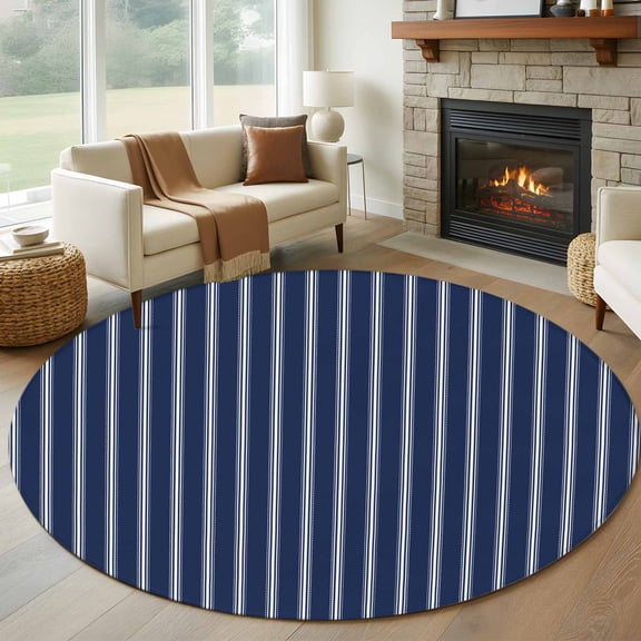 8ft Round Rug, Navy Blue Striped Non-Skid Rubber Backing Large Area Rugs - Living Room Bedroom Home Office, Navy Blue White Farmhouse Stripes Indoor Floor Mat Carpets Washable Rug
