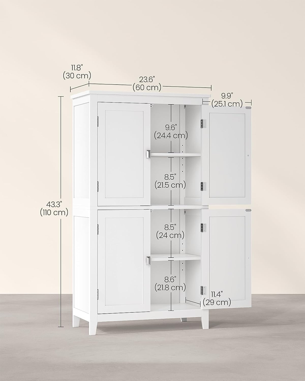 Floor Storage Cabinet,  Storage Unit, Freestanding Cabinet with 4 Doors, 11.8 x 23.6 x 43.3 Inches, White