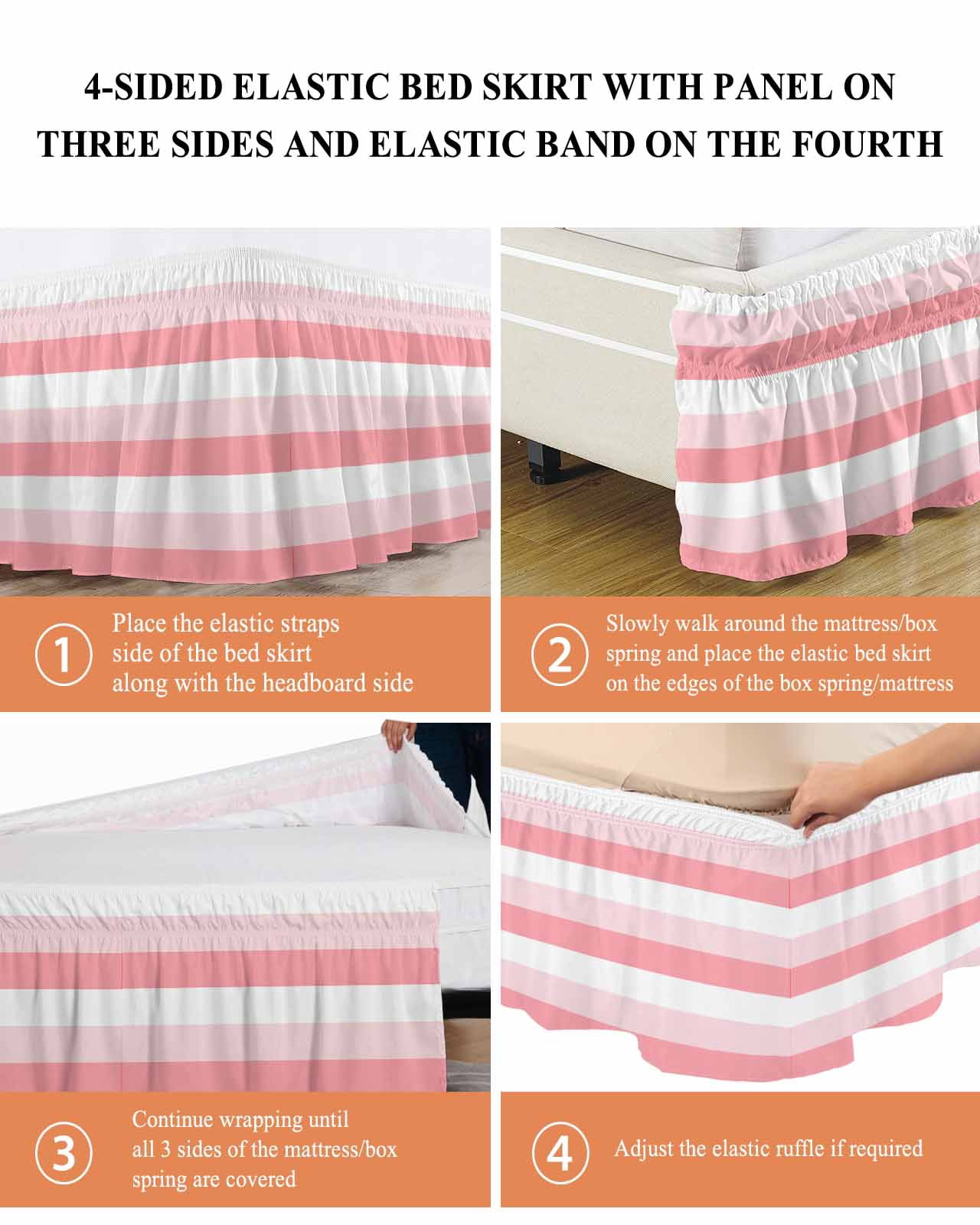Pink White Striped Wrap Around Bed Skirts for California King Bed 16" Drop, Bed Skirt with Adjustable Elastic Belt Dust Ruffle Bed Valance for Bedroom Hotel Luxury Farmhouse Stripes Bed Frame Cover