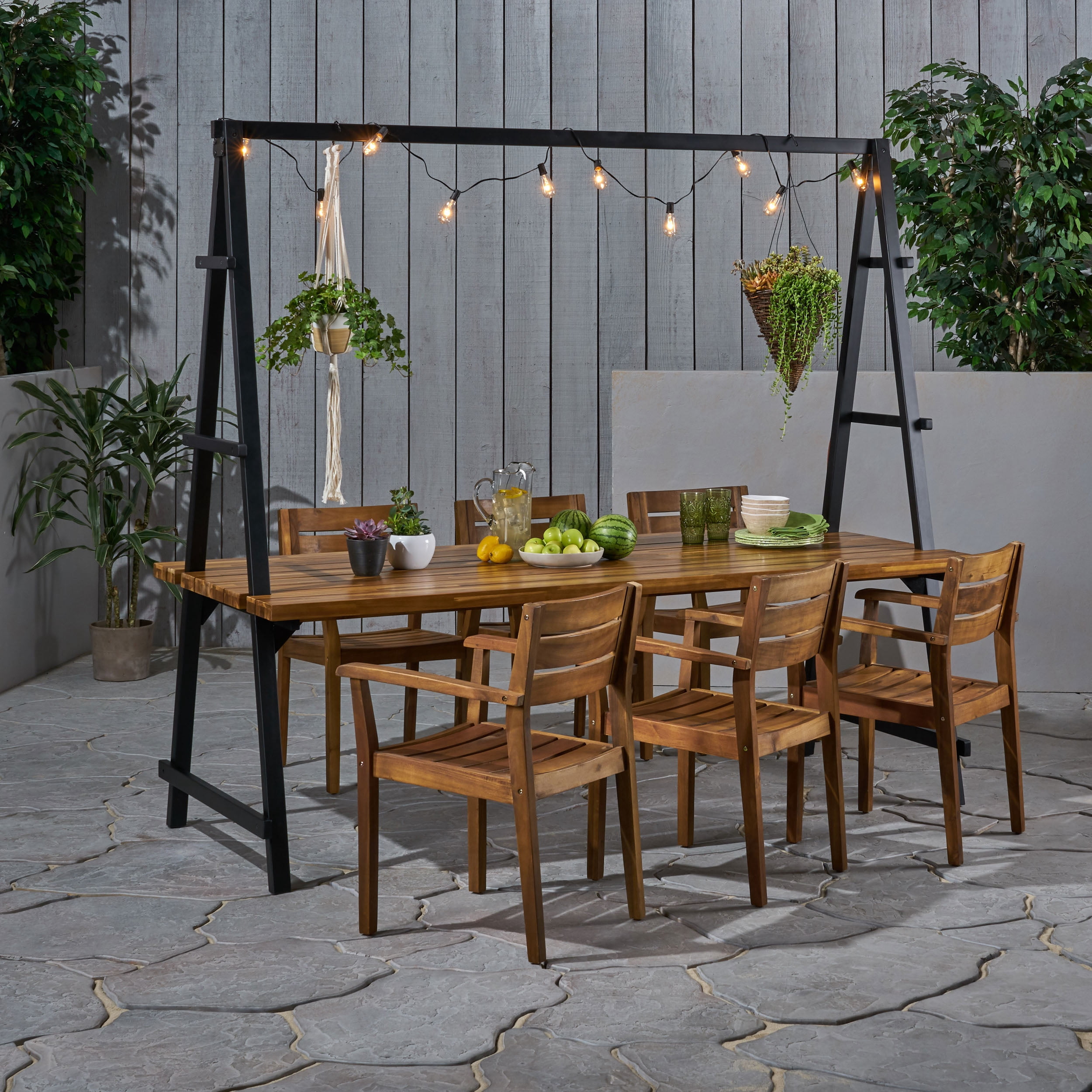 Jenny Outdoor 6 Seater Acacia Wood and Iron Planter Dining Set, Teak